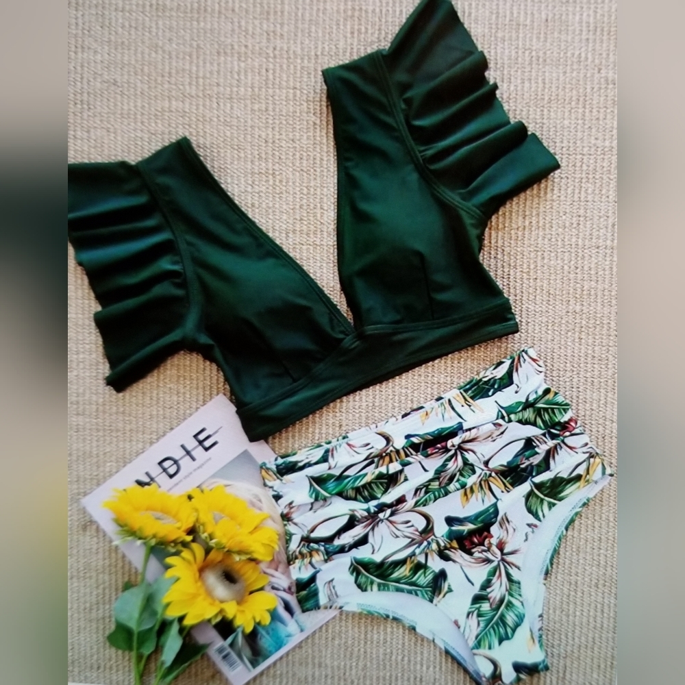 NWT WOMENS RUFFLE HIGH WAIST PUSH UP SWIM SUIT TROPICAL SLIMMING - Picture 4 of 8